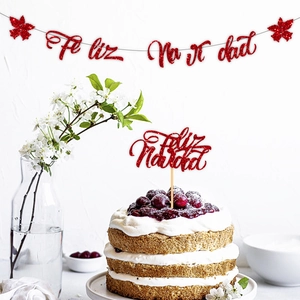 Bannière De Noël Et Cake Topper Rouge Pailleté Feliz Navidad Guirlande De Lettres Espagnoles Décoration De Gâteau De Fête