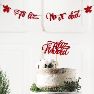 Guirlande et décoration de gâteau Feliz Navidad rouge pailleté pour fête de Noël