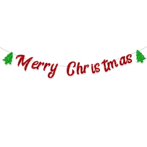 Red glitter Merry Christmas banner with green trees for festive party backdrop decorations