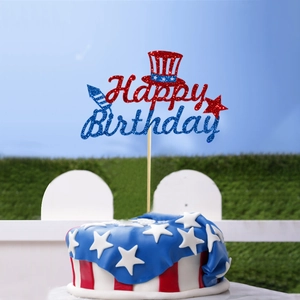 Happy Birthday cake topper with red and blue glitter stars for American theme parties