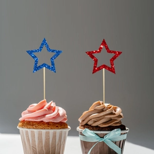 Glittering star cupcake toppers in red and blue for US Independence Day celebrations
