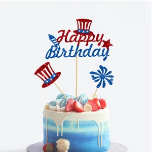 Glittery Happy Birthday cake toppers with patriotic American flag colors and stars