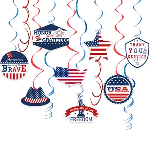 Independence Day hanging swirls set with US flag patterns and patriotic decorations