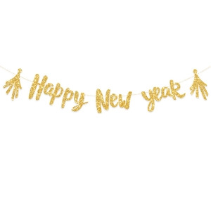 Bannière dorée pailletée Happy New Year pour décoration de fête du Nouvel An