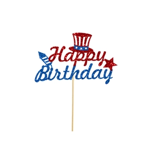 Independence Day themed Happy Birthday cake topper with red and blue glitter details
