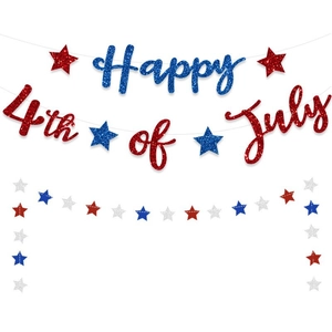 Striscione Happy 4th Of July Decorazioni Giorno Indipendenza Ghirlanda Stelle Carta Luccicante Rosso Blu Argento