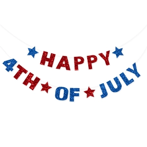 Pancarta brillante Happy 4th of July con estrellas rojas y azules para el 4 de julio