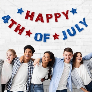 Glittering Happy 4th of July banner with stars held by group of celebrating friends