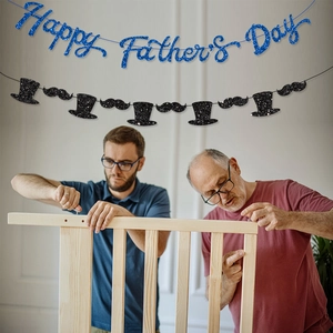 Bannière Happy Father's Day bleue à paillettes avec décors de chapeau et moustache