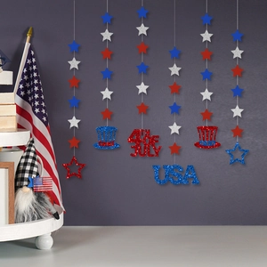 4th of July hanging ornaments featuring glittery stars and USA patriotic decorations