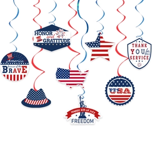 Independence Day patriotic PVC swirl decorations with USA stars and freedom symbols
