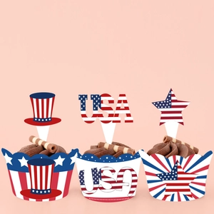 USA Independence Day cupcake wrappers and toppers set with red white and blue stars