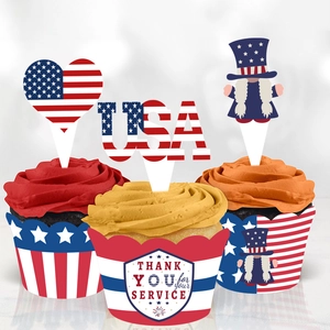 Patriotic July 4th cupcake liners and toppers featuring USA stars and stripes designs