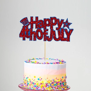 Topper per torta scintillante Happy 4th of July con stella e cappello per festa patriottica