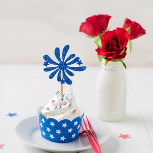 Topper cupcake fuochi d'artificio blu glitter e pirottino stellato per festa nazionale