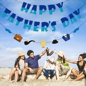 Happy Father's Day party banner with blue letter flags and decorative hero icons