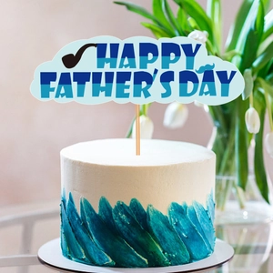 Blue Happy Father's Day cake topper with mustache design on a white frosted cake