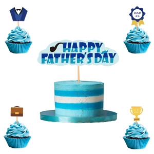 Father's Day blue cake topper set with Happy Father's Day banner and suit accessories
