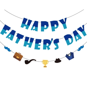 Blue Happy Father's Day banner set with male icons like mustache and trophy for party decor
