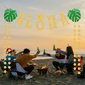 Tropical Hawaii Aloha party banner with glitter gold letters, pineapple and monstera leaves