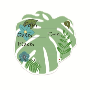 Tropical monstera leaf party invitation card with floral details on white background