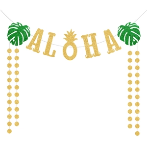 Tropical Hawaii Aloha party banner with glitter gold pineapple and green monstera leaves