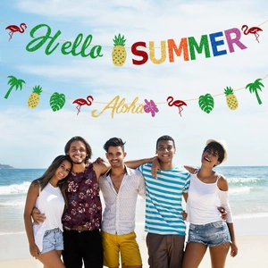 Hello Summer Party Banner Set mit Glitzer Flamingos und tropischen Palmenblättern