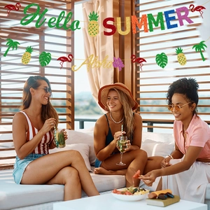 Glitzern Hello Summer und Aloha Banner mit tropischen Palmenblättern für Partys