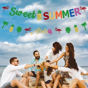Tropisches Hello Summer Party Banner-Set mit Glitzer-Flamingo und Ananas-Dekoration