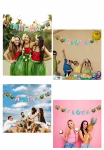 Detalle de banderines Aloha con diseños de piña y máscaras Tiki para fiestas playa