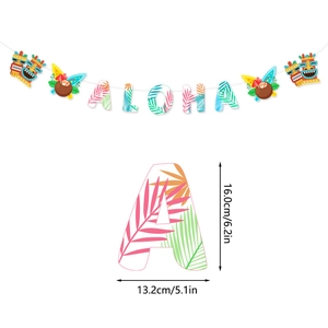 Detail of Hawaii Aloha party banner featuring tiki mask and palm leaf patterns