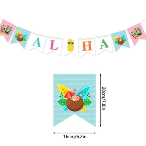 Detailed view of Aloha party banner with tropical tiki, surfboard and pineapple designs