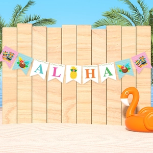 Detail of Aloha summer party banner with pineapple and tropical flower patterns
