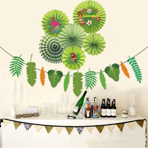 Tropical Summer Party Decoration Paper Fans Flamingo Monstera Leaf Banner Hawaiian Luau Party Hanging Decor