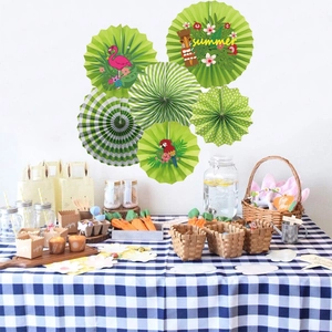 6-piece tropical paper fan set with flamingo and palm leaf patterns for party wall decor