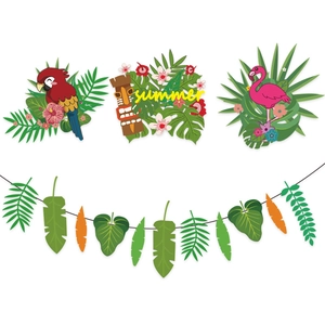 Tropical party decoration set with flamingo, parrot, tiki mask and monstera leaf banners