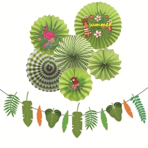Hawaiian tropical party set with flamingo paper fans and green leaf garlands decor