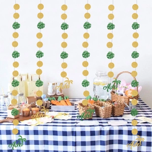 Hawaiian Tropical Party Decorations Monstera Leaf Aloha Banner Gold Green Glitter Hanging Garland For Summer Beach Party