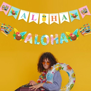 Hawaiian Aloha Tropical Party Banner Summer Beach Decoration Paper Hanging Garland For Luau Celebration Party Supplies