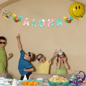 Hawaiian ALOHA banner with tropical coconut, tiki mask and surfboard party decorations