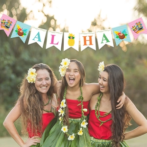Tropical Aloha party banner with tiki and surf elements used in Hawaiian beach party scene