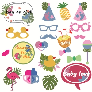 21pcs Hawaii themed baby shower photo booth props with pineapple and flamingo motifs