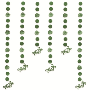 Green glitter Monstera leaves and Aloha letter garlands for tropical party backdrop