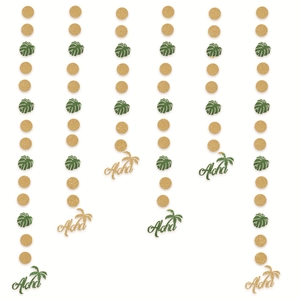 Tropical Hawaii party banner with green monstera leaves and gold glitter Aloha garlands