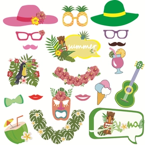 20-piece Hawaiian party photo booth props with tropical tiki, aloha, and summer motifs