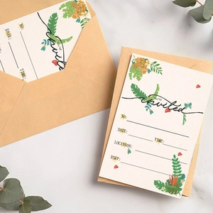 Tropical rainforest party invitation card with floral patterns and kraft envelope set