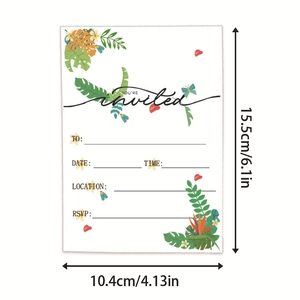 Tropical party invitation card with floral borders and clear size measurements