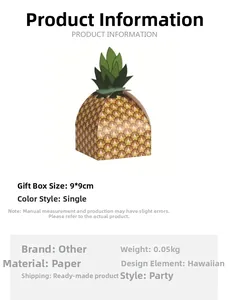Detailed product specifications for Hawaii theme pineapple favor box with size 9x9cm
