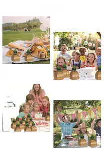 Detailed views of pineapple favor boxes in outdoor picnic and party celebration settings