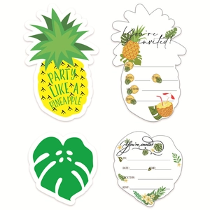 Biglietti d'invito per feste tropicali a forma di ananas e foglie di monstera per l'estate